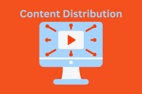 Graphic of a marketer analyzing content distribution channels, highlighting mistakes and strategies to improve reach and engagement.