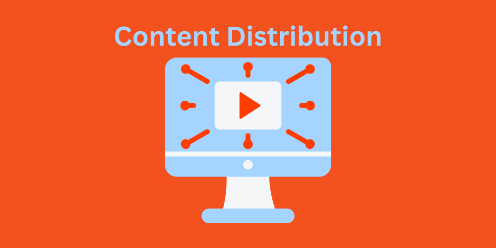 Graphic of a marketer analyzing content distribution channels, highlighting mistakes and strategies to improve reach and engagement.