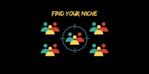 Graphic of a magnifying glass over a market segment, symbolizing the process of finding a niche and building a thriving business empire.