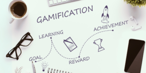 Illustration of a gamified marketing campaign with badges and rewards, showcasing strategies to enhance engagement and build customer loyalty.
