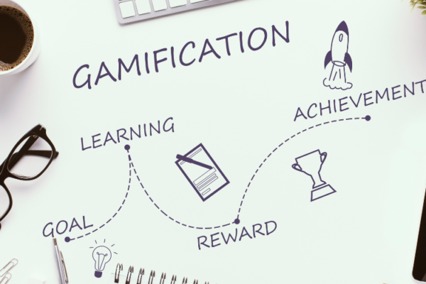 Illustration of a gamified marketing campaign with badges and rewards, showcasing strategies to enhance engagement and build customer loyalty.