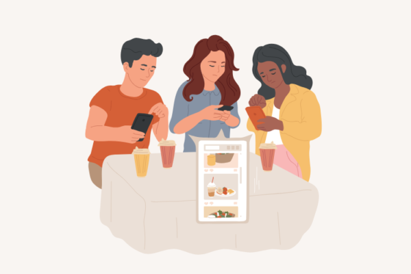 Illustration of a user endlessly scrolling on a device, showcasing how infinite feeds influence decision-making and purchasing habits.