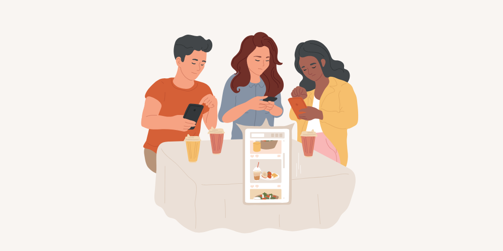 Illustration of a user endlessly scrolling on a device, showcasing how infinite feeds influence decision-making and purchasing habits.