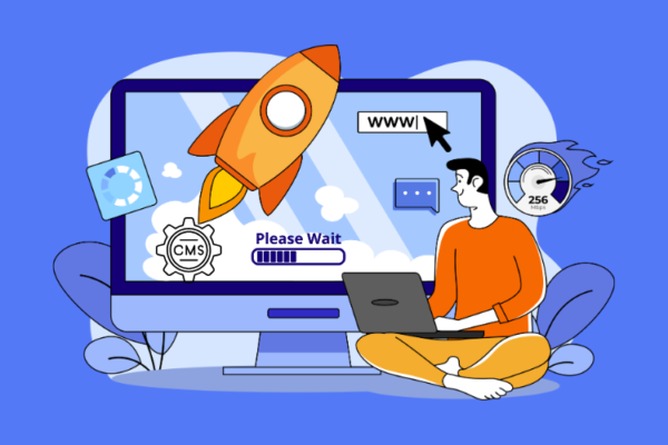 Graphic of a fast-loading website, emphasizing CMS optimization techniques for improved site speed and performance