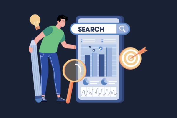 Graphic of a magnifying glass over a search engine, symbolizing efforts to improve brand visibility on Google through better SEO strategies.