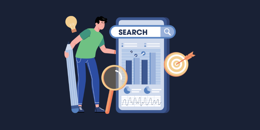 Graphic of a magnifying glass over a search engine, symbolizing efforts to improve brand visibility on Google through better SEO strategies.